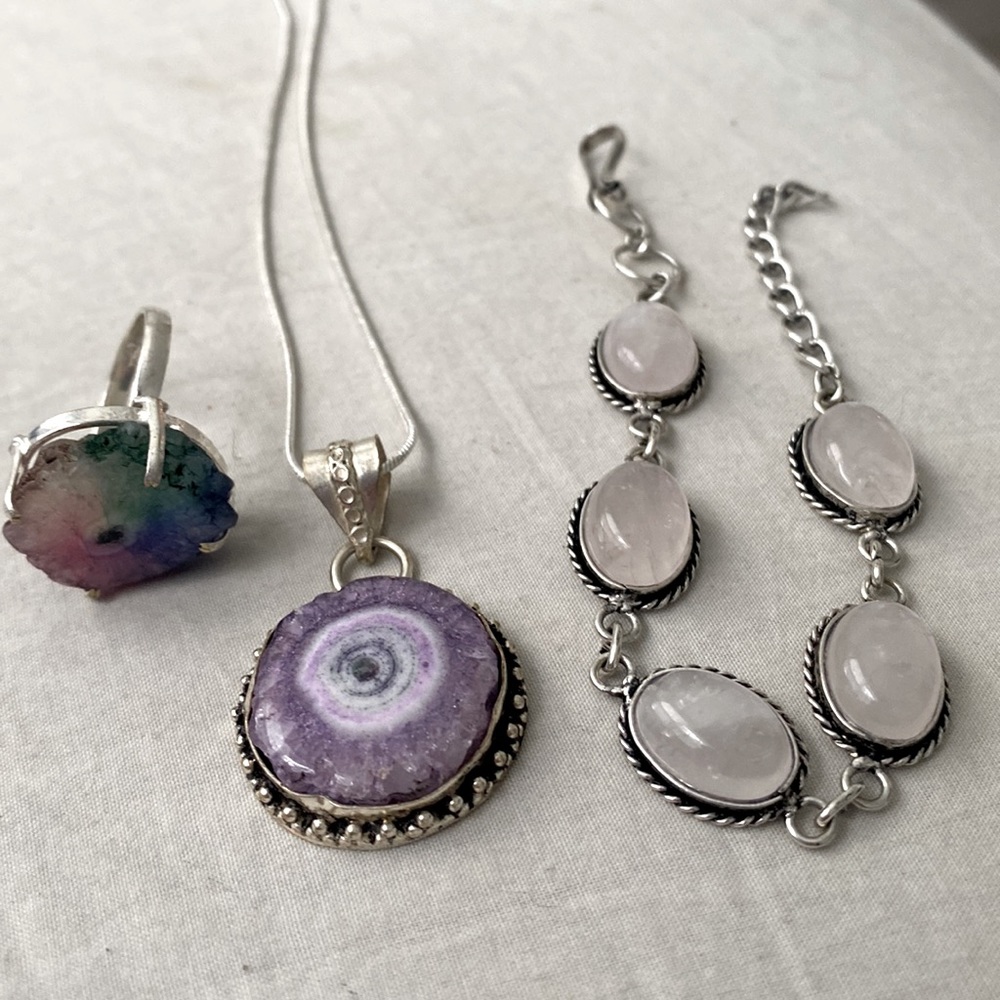 Bundle!Solar quartz pendant and ring.   Rose Quartz adjustable bracelet
